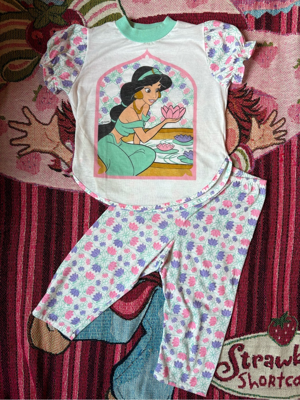 Disney Vintage sz 8 Girls Jasmine Pajama Set - White, Mint & Pink